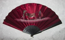 Antique Victorian Fan Hand Painted Satin Leaf Wood Sticks Bullfight 1880's