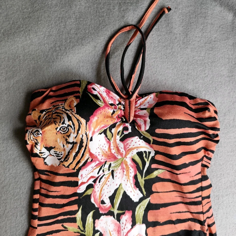 Traje de baño vintage años 50 Sears rayas tigre floral de una pieza talla 14 pinup  Foto 2 de 4