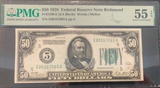 $50 1928 Federal Reserve Note Richmond Fr# 2100-E (EA Block) PMG 55 EPW