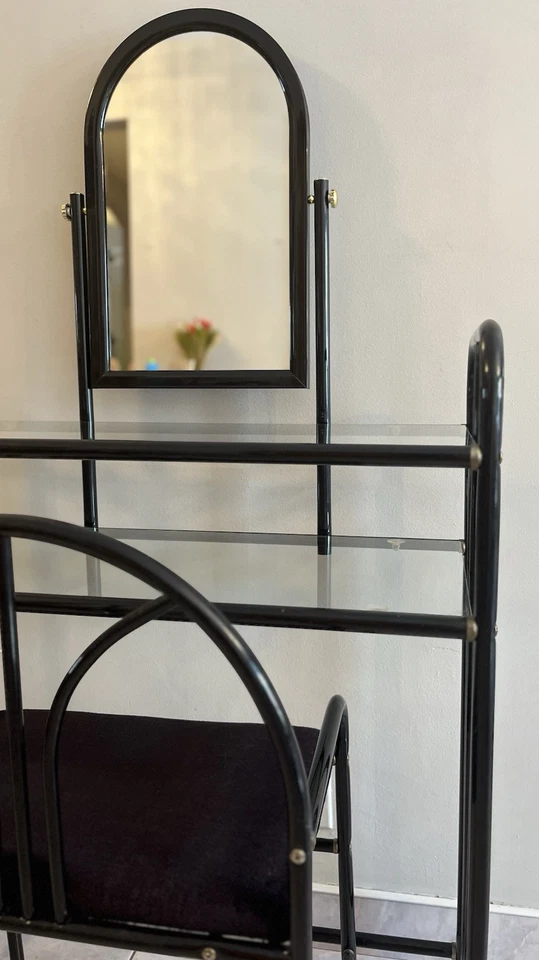 Tocador vintage Art Deco Hollywood tocador/mesa de maquillaje con taburete y espejo Foto 2 de 4