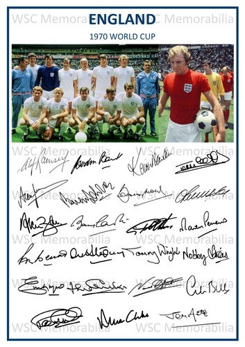 12682. England World Cup 1970 Signed Team Picture Sheet (PRINTED AUTOGRAPHS A4)
