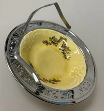 Provencial Ware Yellow Floral Porcelain Dish w Chrome Handle & Trim Excellent