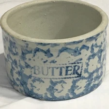 Antique Blue and White Stoneware Butter Crock 6” Diam 3.5” high