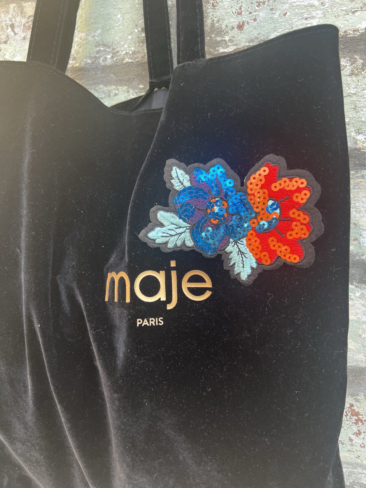 Maje Tote Bag Velvet Logo Shopper Floral Sequin Patch Shoulder Black image 7