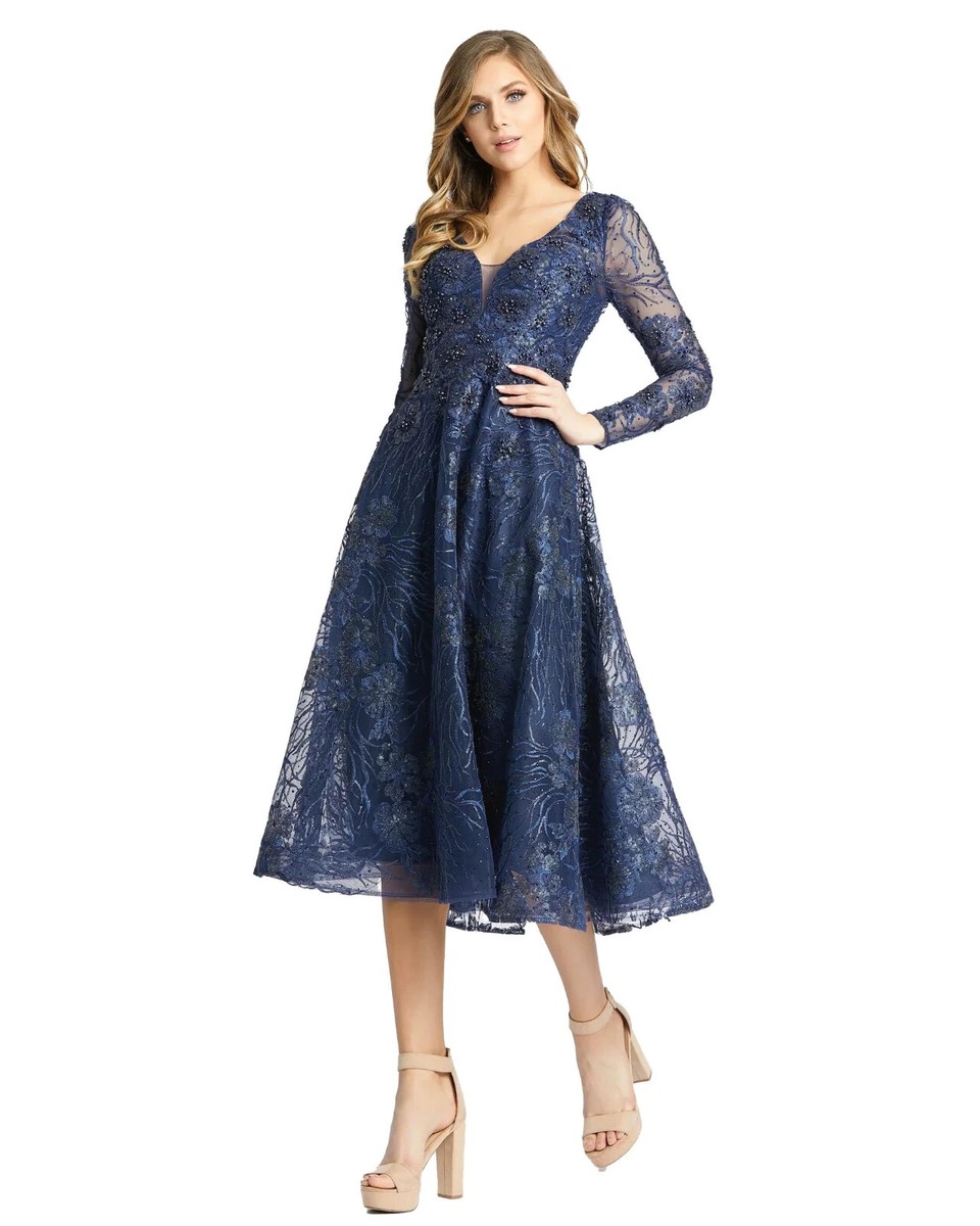 Mac Duggal Midnight Blue Floral Embroidered Sequin Beaded Midi Gown Size 6  $598 | eBay