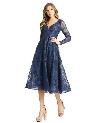 Mac Duggal Midnight Blue Floral Embroidered Sequin Beaded Midi Gown Size 6  $598 | eBay
