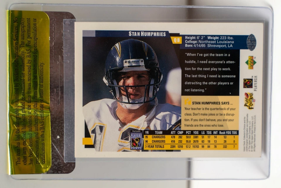 Tarjeta de fiesta firmada por Stan Humphries 1997 elección de coleccionista NFL Playstation certificado de autenticidad bajo Foto 3 de 4