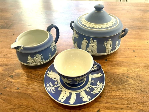 Vintage 3 PC WEDGWOOD BLUE JASPERWARE Teacup/saucer, creamer, sugar bowl