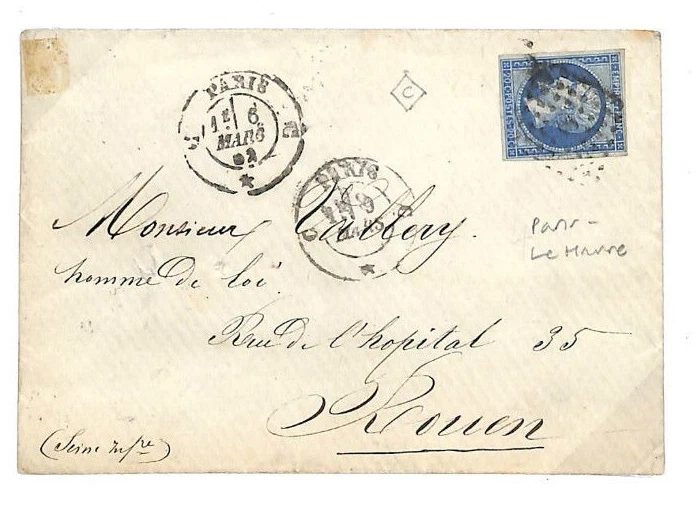 FRANCIA Cubierta *C* Cancelar PARIS-LE HAVRE TPO Railway Rouen 1862{samwells}EE18  Foto 2 de 4