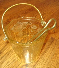 Yellow Depression Etched Glass Ice Bucket And Hammered Handle Tongs Exquisite