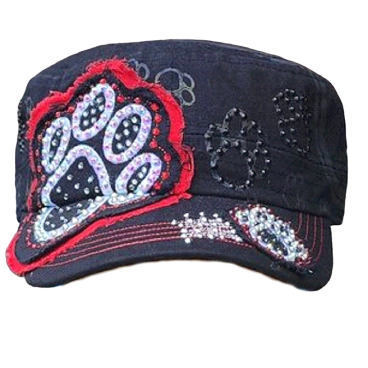 Paw Print Black/Red Bling Rhinestone Adult Cadet Cap Dog Mom  display picture 1