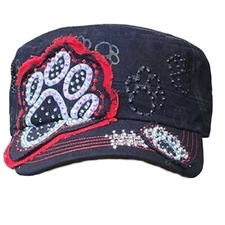 Paw Print Black/Red Bling Rhinestone Adult Cadet Cap Dog Mom - NWT