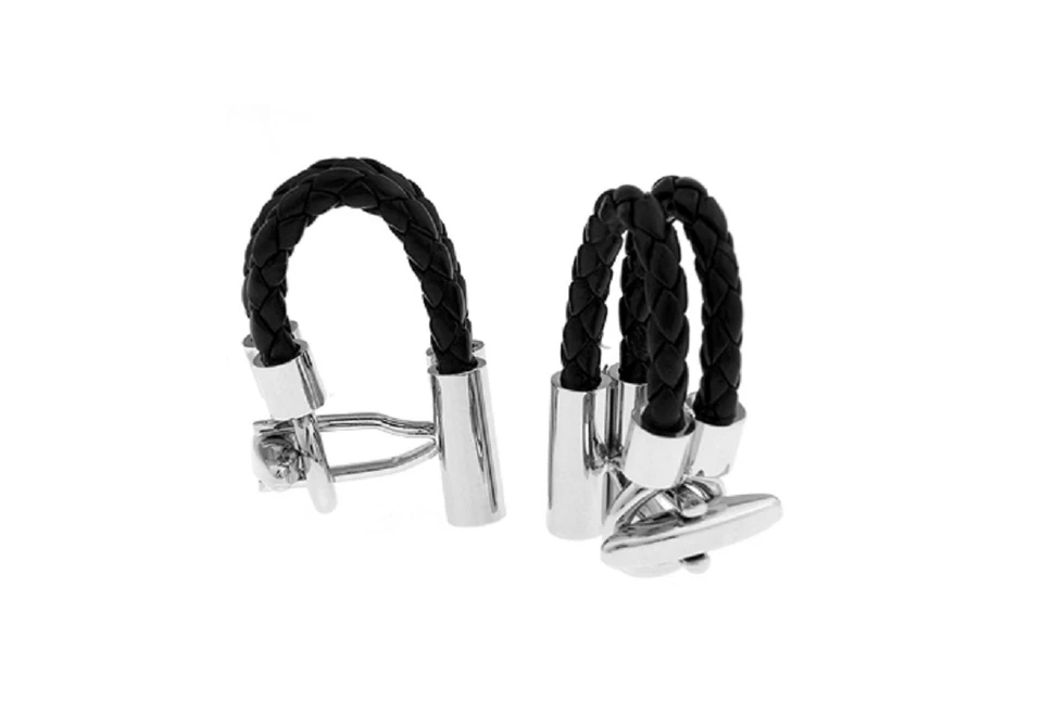 Braided Leather Black Pair Cufflinks Wedding Fancy Gift Box & Polishing Cloth - Image 3 of 4