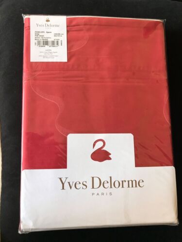 $375 New Yves Delorme Queen Flat Sheet Jacquard Ribbon Swirls Red Sateen France - Picture 2 of 17