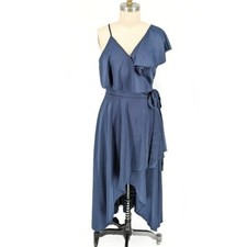 Women's Satin Wrap Midi Dress Blue L wedding party cocktail preppy bohemian