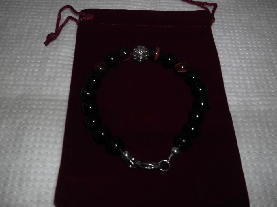 PULSERA HOMBRE HECHA A MANO 9" 10MM ÁGATA NEGRA, OJO DE TIGRE ROJO PLATA ESTERLINA Foto 4 de 4
