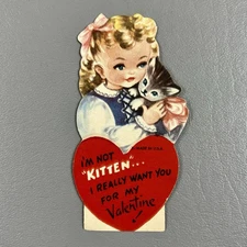 Vintage Valentine Greeting Card Die Cut Girl & Cat With Pink Bow I'm Not Kitten