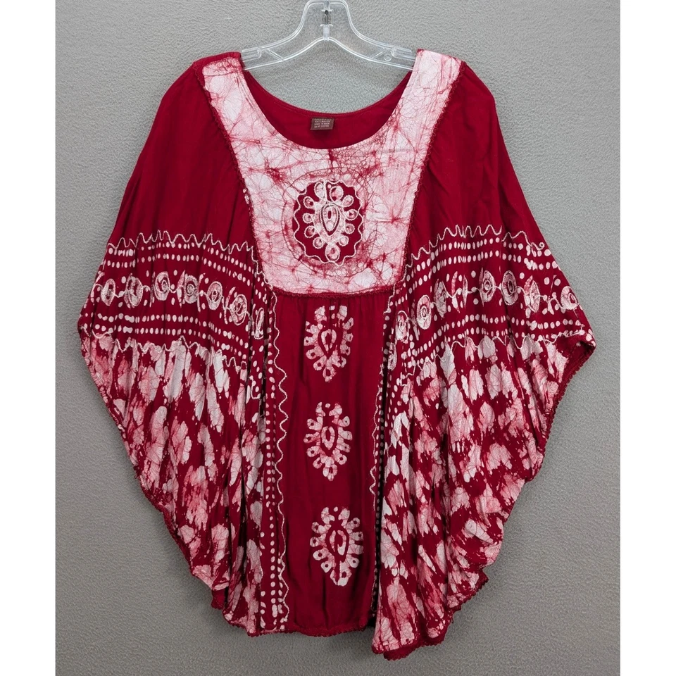Jackpot Kaftan Womens One Size Red & White Batik Batwing Sleeve Embroidered Boho - Image 3 of 4