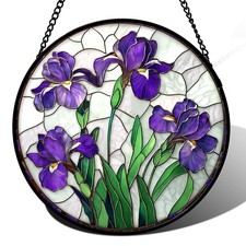 Stained Glass Window Hanging - Purple Iris Flower Sun Catcher for Door Terrac...