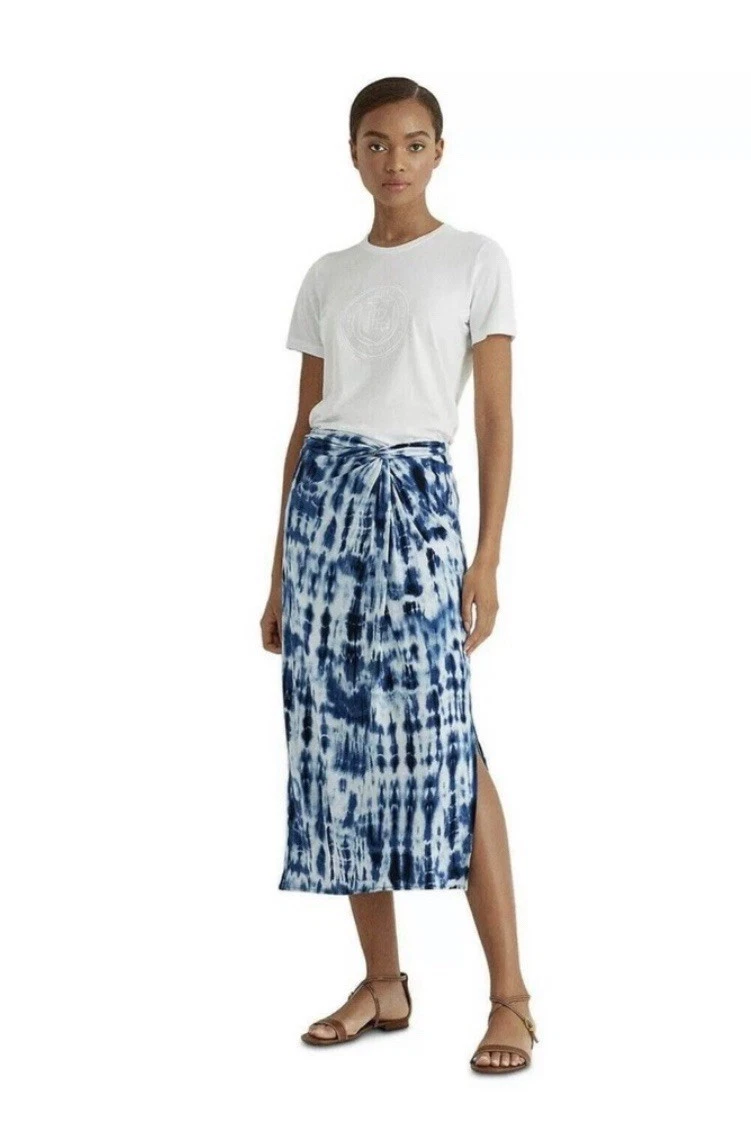 Ralph Lauren Womens XL Navy Gathered Tie Dye Midi A-Line Skirt Linen Blend NEW