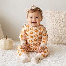 Cat  Jack Baby Pumpkin Halloween Sweatshirt and Pants Set Cream Orange 3-6M