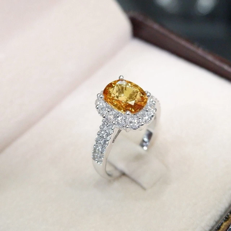 Anillo de diamantes de zafiro amarillo natural de 3 quilates de oro blanco... - Imagen 4 de 4