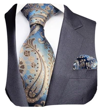 Men's Fashion Paisley Tie and Pocket Square Set Plaid Necktie for Suits