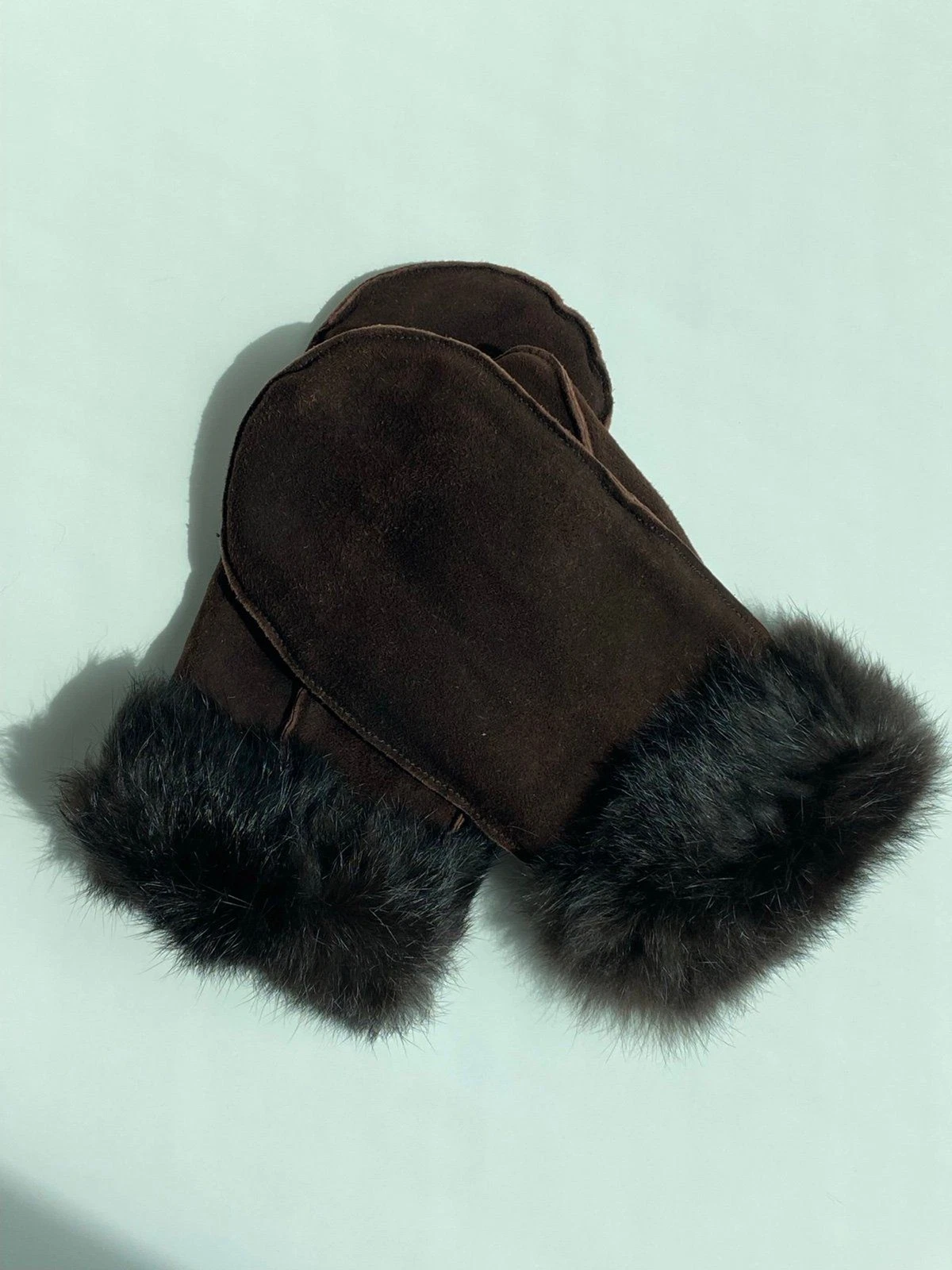Vintage Grandoe Brown Suede Mittens Fur Trim Winter Gloves L/XL