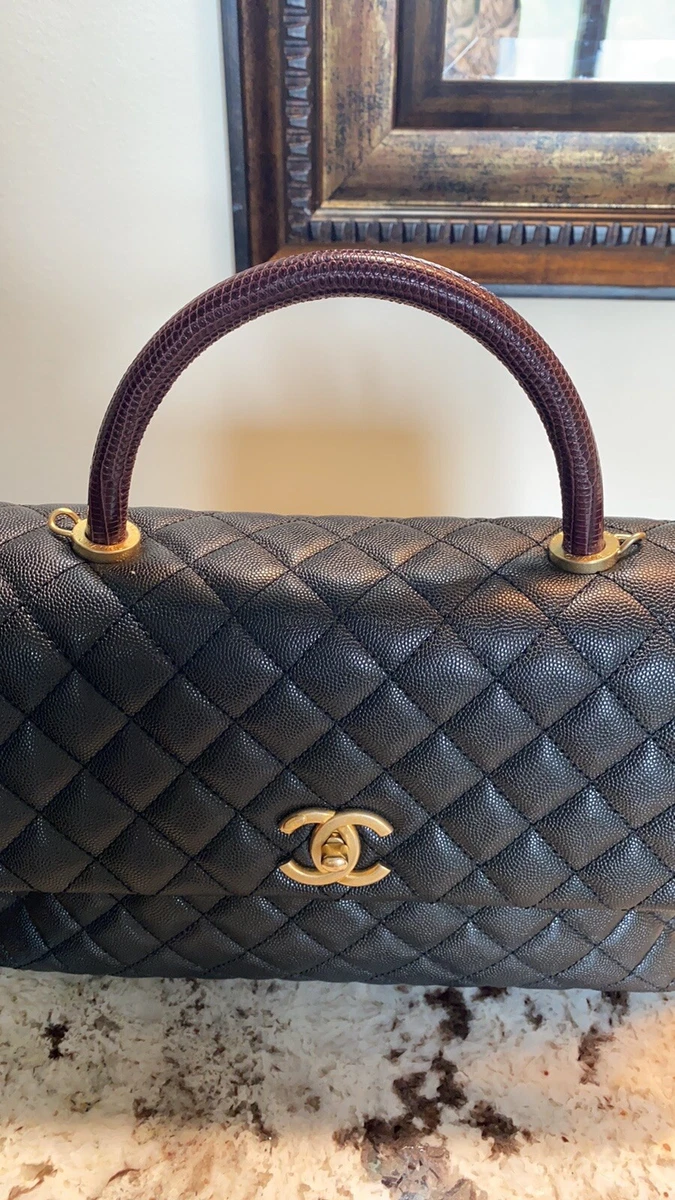 CHANEL, Bags, Chanel Large Coco Caviar Leather Lizard Top Handle Gray  Burgundy Crossbody Bag