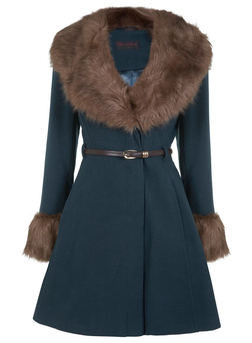 MISS SELFRIDGE Green Fur Collar Cuff Belted Princess Skirted Fit