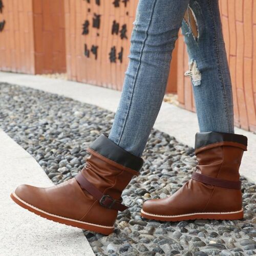 Ladies Round Toe Boots Flat Heel Pu Leather Buckle Slouch Riding Ankle Boots - Afbeelding 1 van 11