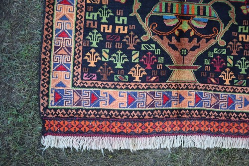 Black Beige Flower Pot Design Rug, Afghan Handmade Wool Rug, Organic Dyes Rug - Picture 5 of 14