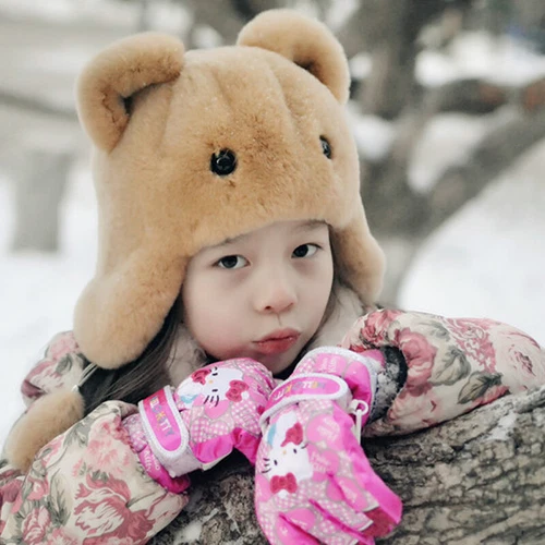 Kids Children Real Rex Rabbit Fur Hat Warm Caps Cute Bear Style Outdoor Beanie - Picture 2 of 15