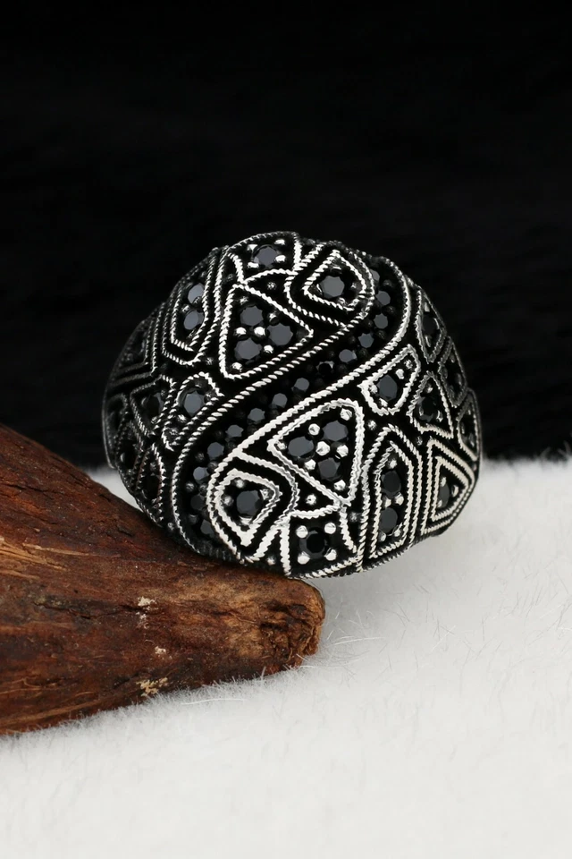 Anillo para hombre Micro Piedra Sólida Plata de Ley 925 Circón Negro Foto 3 de 4