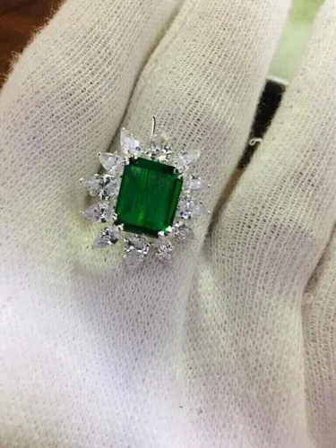 3Ct Emerald Cut Lab-Created Green Emerald Halo Brooch Pin 14K White Gold Plated