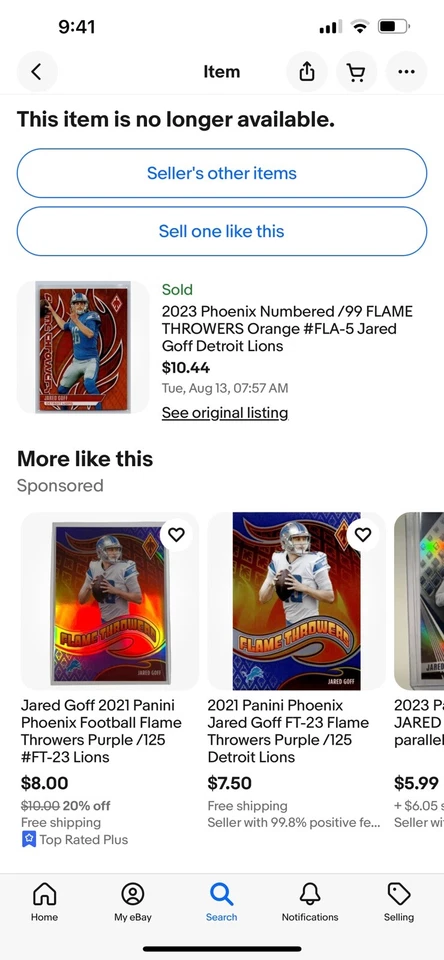 2023 Phoenix Numbered /99 FLAME THROWERS Orange #FLA-5 Jared Goff Detroit Lions - Image 4 of 4