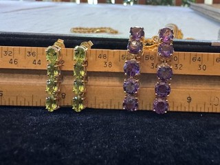 Lot (2) Two Maker Marked & 14k • Pierced Drop Dangle/ Earrings Purple & Green
