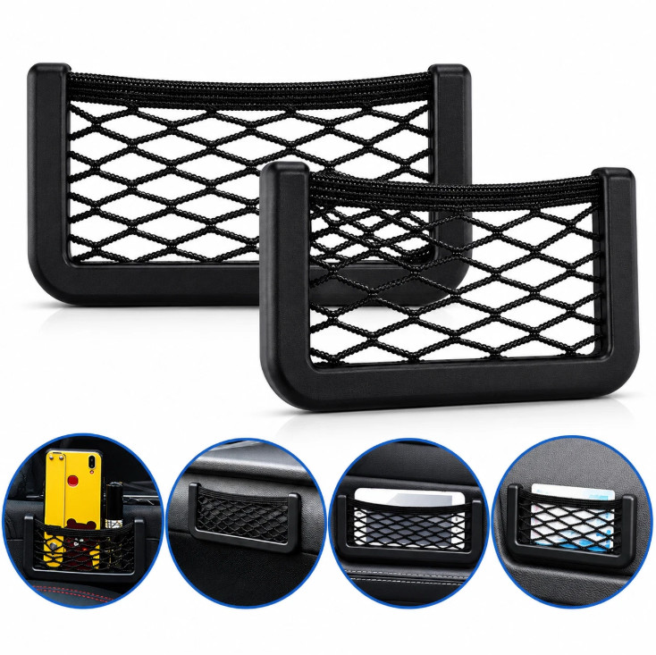 2pcs Car Interior Body Edge Black Elastic Net Storage Phone Holder Accessories