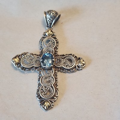 Robert Manse Anhänger Sterlingsilber 925 und 18 Karat Gold Kreuz Blautopas