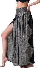 Boho Hippie Full Slit Wide Leg Flowy Pants - Womens S-M - Black w/ White Details