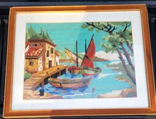 VTG Needlepoint MCM Canvas Harbor View FRANCE Framed Lot 19" x 23.5"
