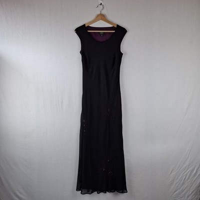 90s Vintage Black Silk Evening Dress Embroidered Laura Ashley Fairycore UK 12 B