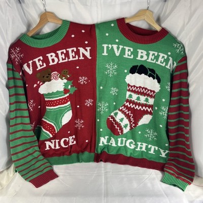 Tipsy Elves Siamese Sweater Two Person Naughty/Nice Ugly Christmas Sweater Large