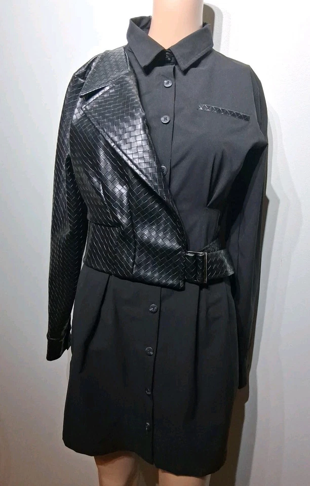 Maniere De Voir Black Woven Vegan  Leather Overlay Shirt Dress Size 2 NWT - Image 2 of 4