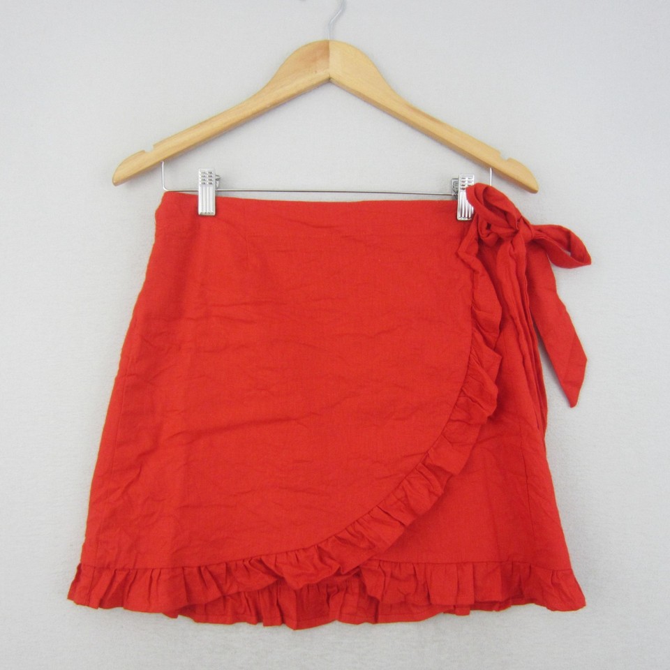 Glassons Skirt Womens 12 Red A-Line Wrap Ruffle Frill Linen Coastal Boho Summer
