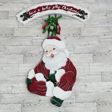 Vintage Hand-Painted Wooden Santa Wall Hanging – Holly Jolly Christmas Decor