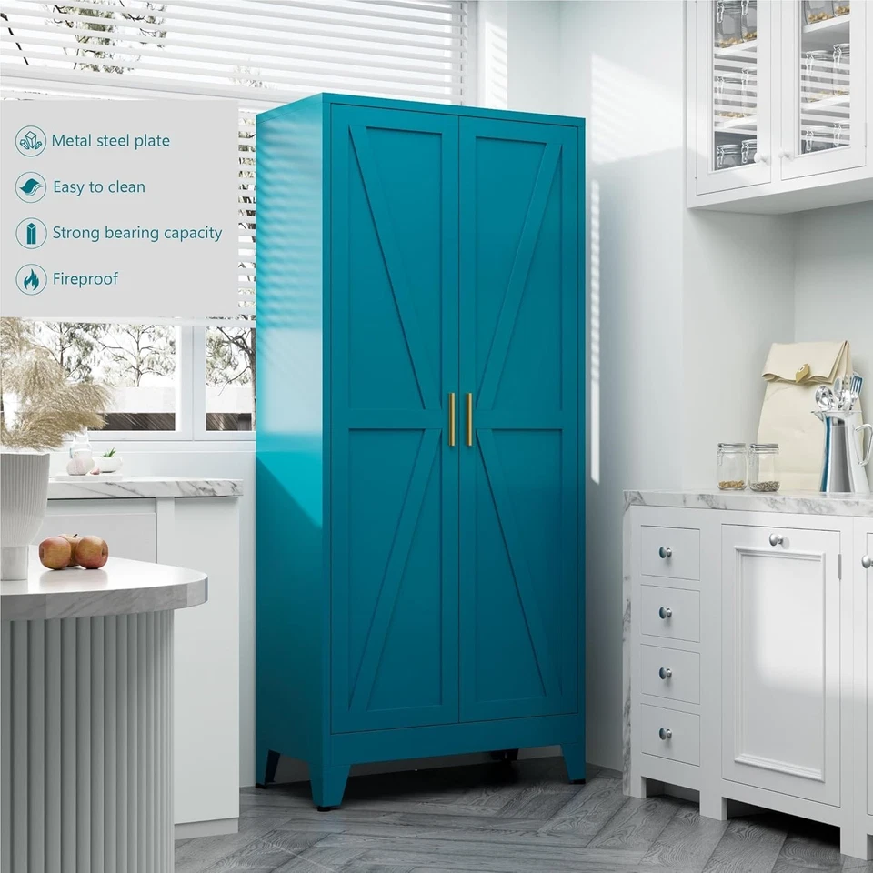 Cofar 61" Farmhouse Metal Food Storage Cabinet With Barn Doors For Kitchen, Home - Image 3 of 3