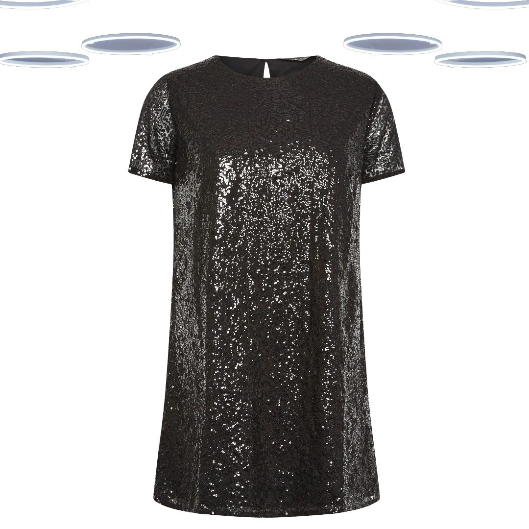 Womens - High Neck Sequin T-Shirt Dress In Multi Col Sequin | UK