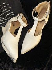 John Fluevog Ishshoes Zoomies White Leather Vintage T-Strap Wedge Heels, Size 7