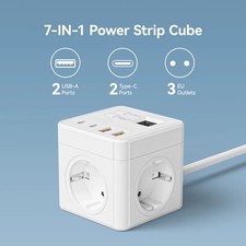 7-in-1 EU Power Strip Surge Protector 1.5m Extension Cord 3 AC 3 USB 1 Type-C